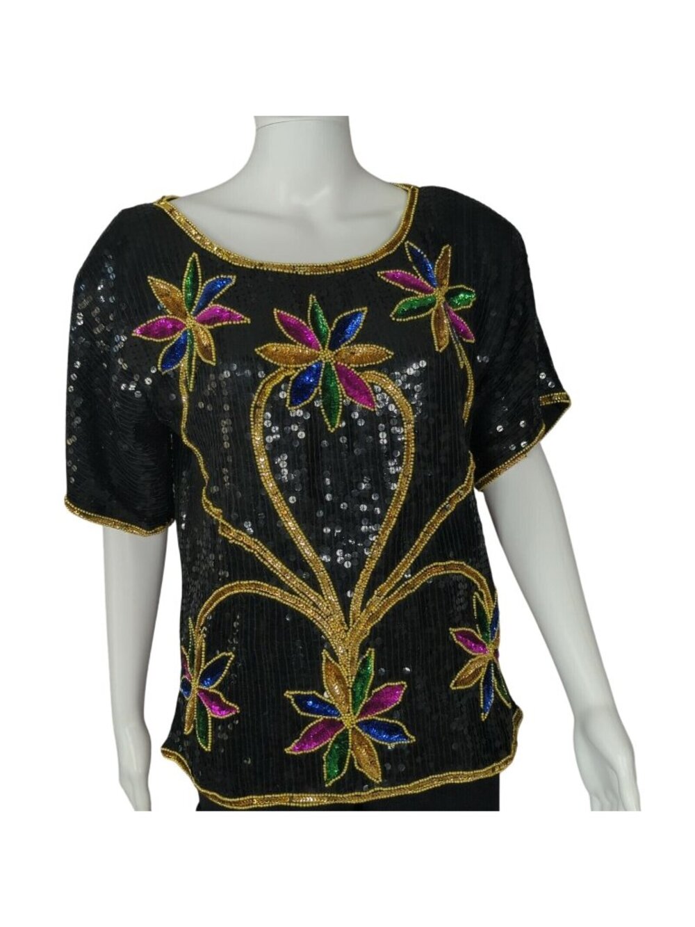 Night Vogue Black Sequin Beaded Silk Top Colorful Floral Design Medium